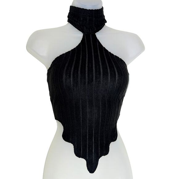 New XS‎ Black High Neck Sleeveless Turtleneck Ribbed Drip Hem Crop Triangle Top - Picture 1 of 5